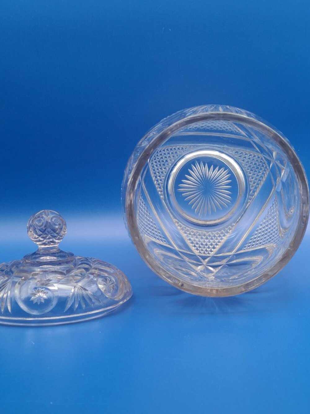 Antique EAPG Crystal Glass Crescent Fan Biscuit Jar Manganese Glow 9.5" - Picture 7 of 11